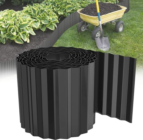 HENGMEI Rasenkante 5m Beetbegrenzung aus Metall Beeteinfassung Beetumrandung Verzinkt Rasenbleche Mähkante Flexible Rasen Umrandung, 18cm Hoch, Schwarz