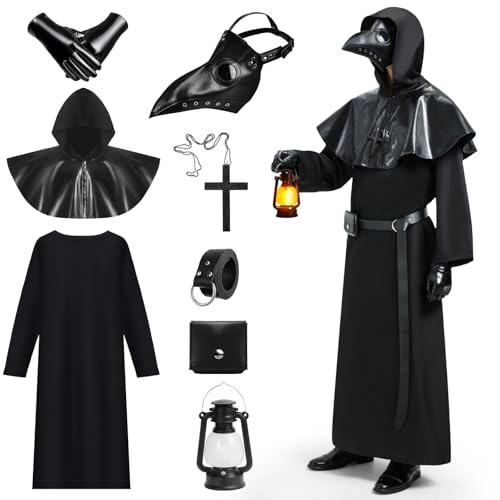 IEEILULU Deguisement Medecin de la Peste, Costume du Médecin de Peste, Plague Doctor Costume avec Masque Noir, Sac Banane en Vuir et Lanterne à Main, Deguisement Médiéval Steampunk pour Homme (M)