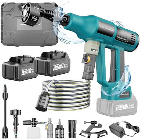 Yofuly Idropulitrice a Batteria, Idropulitrice Portatile per Maa-kita 18V Batterie, 2 * 4.0 Ah Batterie, 700PSI 4 Livelli di Impostazione, Ugello 6 in 1, Spruzzatore di Schiuma, Purtroppo, Tubo da 5m