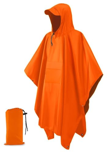 Lorrtta Adult Rain Poncho – Waterproof Reusable Hooded Poncho with Brim, Lightweight & Breathable Design for Camping, Hiking, and Travel Orange
