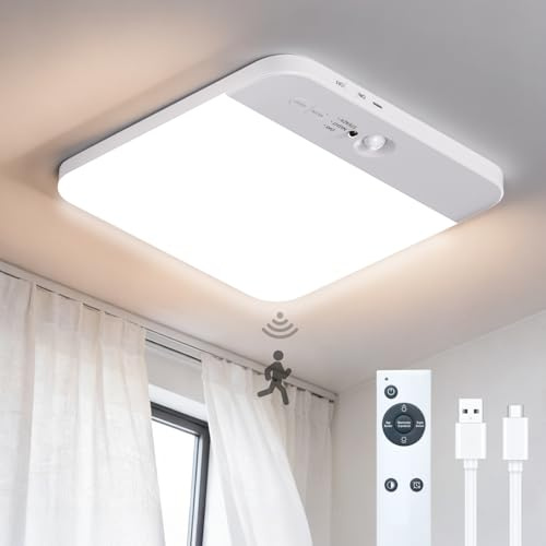 Grevoxy Rechargeable Motion Sensor Lights Indoor Ceiling Light with Remote | 6000mAh Battery Operated, Remote Control, Magnetic Mount, 3 Color Dimmable, Ceiling Light for Stairs, Porch & Garage