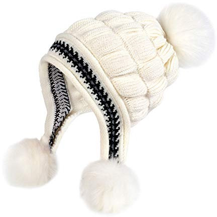 Amorar Hat Dam Vintermössa Tjock Pom Pom Mössa Hatt Skidhörlurar med öronlappar Trapper Varm Stickad Mössa