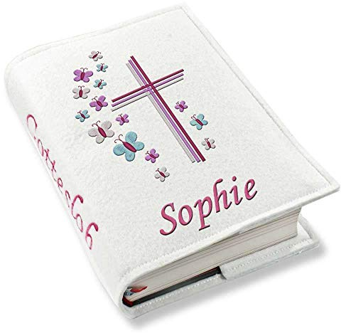 Gotteslob Gotteslobhülle Kreuz Schmetterlinge lila pink Filz mit Namen bestickt hellgrau weiß dunkelgrau blaugrau dunkelblau türkis maigrün flieder Mädchen, Farbe:weiß