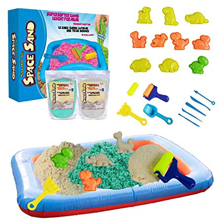 Leo & Emma Space Sand 1.8kg Dinosaurier Set 20tlg. 8 Förmchen mit Tieren, Schaufel, Modellierwerkzeug, Mini-Sandkasten Therapiesand - Neues Modell (0.9kg weiß und 0.9kg türkis)