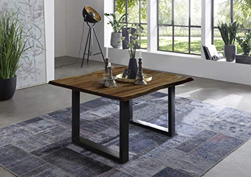 SAM Esszimmertisch 90x90 cm Quintus, echte Baumkante, Baumkantentisch nussbaumfarben, massiver Esstisch aus Akazienholz, U-Metallgestell Schwarz | Baumkantentisch massiv, Akazienholz nussbaumfarben, Metallgestell
