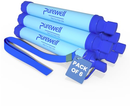 Purewell Paille Filtrante à Eau Survival - Filtre Portable 0.01 Micron Élimine 99.99% Bactéries - Avec Dragonne - Pour Randonnée Camping Urgence - Durée de Vie 1500L Sans BPA - Filtration Eau Potable