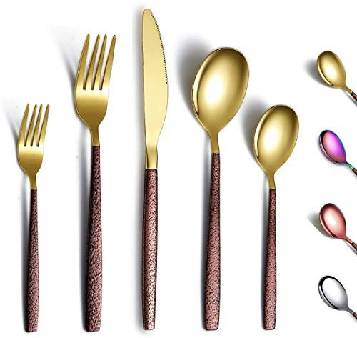 Berglander Juego de cubiertos de 30 piezas con mango de superficie lunar y cabeza dorada brillante con revestimiento de titanio, cuberteria modernos de acero inoxidable utensilios
