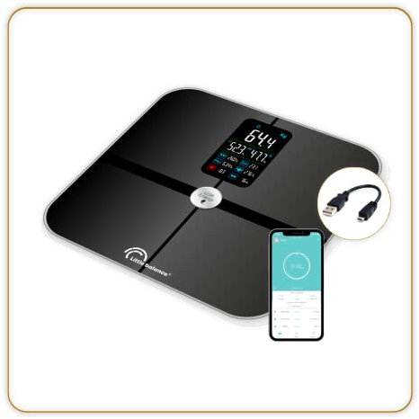 Little balance 8415 Cardio Connect 4 USB, Impédancemètre connectée sans pile, Rechargeable USB, 180 kg, Verre trempé, Noir