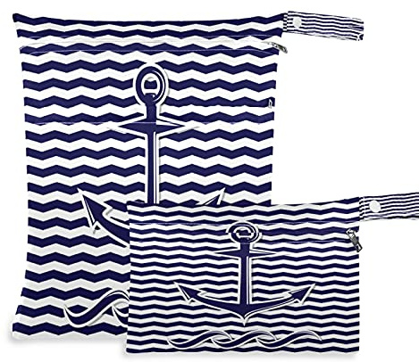 2pcs windeltasche Wet bags Wasserdicht Abstrakt Anker Chevron Marine Blau Nasstaschen wiederverwendbar Wasserdicht Waschbar Organizer Beutel für Kleinkind Windeln Reisen Gym Strand Pool