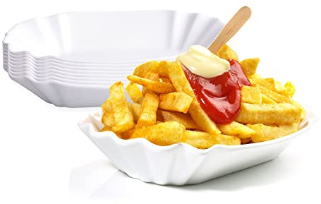 BigDean 8er Set Pommesschale aus Porzellan 19,5 cm - Weiß - Currywurstschale Pommes Frites Currywurst Snack Schale