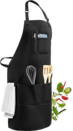 KitChef Kochschürze für Frauen und Männer mit verstellbarem Nackenband aus 100% weicher Baumwolle mit Extra langen Taillenbändern, Küchenschürze mit 2 Brusttaschen und 3 großen Taschen (Schwarz)