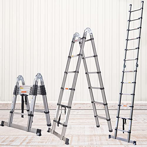 12.5 Feet Telescopic Extension Ladder, Stainless Steel Compact Extendable Collapsible A Frame Adjustable Step Ladder for Cleaning Gutters, Decorating, Painting Walls, EN131 Standard Max Load 330LBS
