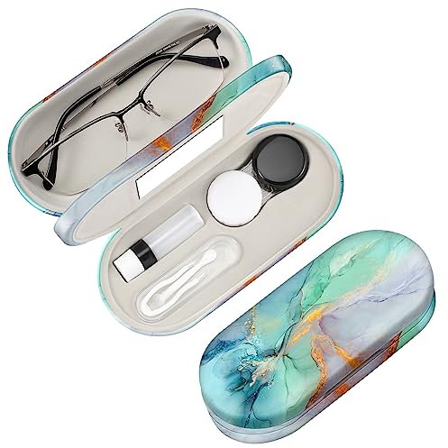 FINTIE Brillenetui - Hardcase Doppelseitiges Brillen Etui und Kontaktlinsenbehälter - Brillenhülle mit Spiegel Kontaktlinsen Reiseset, Glorreicher Marmor