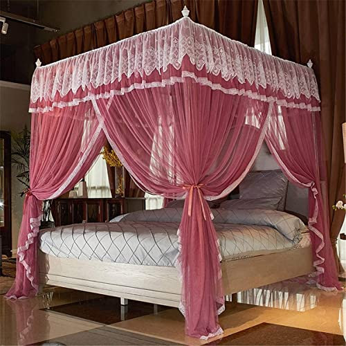 AFLCIO Bettvorhang mit 4 Ecken, Pfosten, Rüschen, Prinzessin, Moskitonetz, Betthimmel, niedlich, gemütlich, quadratisch, Netzvorhang für Doppelbett, R22 mm, 1,8 x 2,2 m Bett