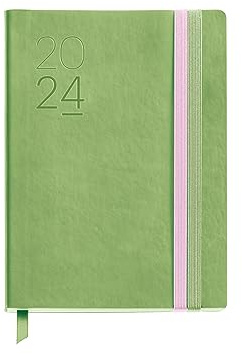 Miquelrius - Agenda Anual 2024, Día Página, Tamaño Journal 122 x 168 mm, Cubierta flexible símil piel cosida, Doble cierre goma elástica, Español, Inglés y Portugués, Verde