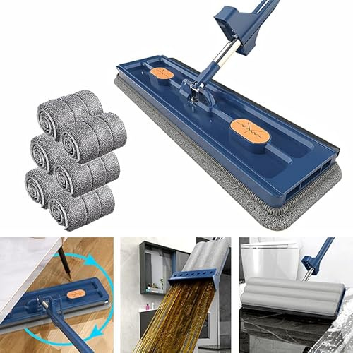 2023 Großer Flachmopp 360° Drehgelenk Flachmop, Flachmopp mit Auswringfunktion, Flachmopp aus Mikrofaser, Nass- Trockenmopp für Bodenreinigung Hartholz, Fliesen, Laminat,Blue + 6 Pads