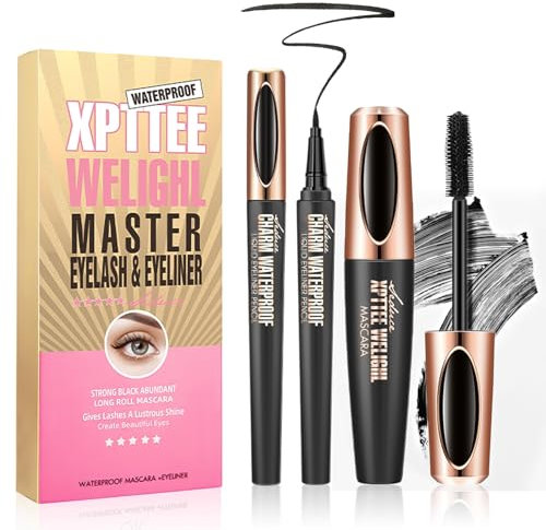 4D Mascara und Eyeliner Set, Wimperntusche Wasserfest mit Kajalstift Schwarz, Länger, Dicker und Langlebiger Mascara, Anti-Schweiß, Anti-Flecken für Holen Sie Sich Das Perfekte Augen-Make-up