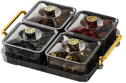 HUNYA Snackschale mit Deckel, Snacks und Obsttablett, Unterteiltes Serviertablett für Snacks, Snackbox mit Fächern, Aufbewahrungsbox für Süßigkeiten Nüsse Snacks