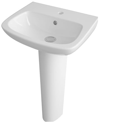 Balterley 450mm Bathroom Sink, Full Pedestal Ceramic Soft Square Bowl Bathroom Wash Basin Sink with Overflow, 1 Tap Hole, Floor Standing Basin Sinks for Cloakroom - 450 x 350 x 810mm (White)