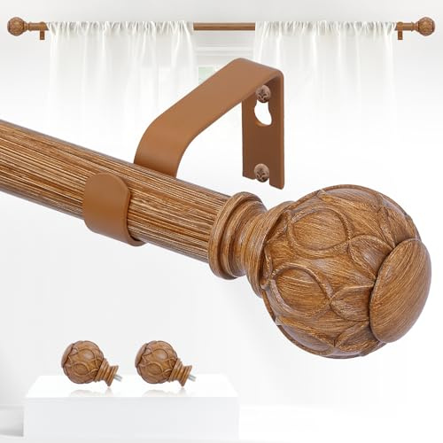 TANGWIN Boho-Gardinenstangen aus Holz für Fenster: 183–368 cm, Holzgardinenstange für Schlafzimmer, Wohnzimmer, strapazierfähig, verstellbar, rustikal, dekorative Gardinenstangen mit Endstücken aus