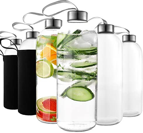 Kitchen Lux 32 oz Glass Water Bottle Set of 12 - Glass Water Bottles Caps & Sleeve, Reusable Glass Bottle Lids, Clear Glass Bottles, Refillable Glass Juice Bottles for Juicing, Juicer Bottles