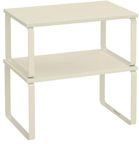 SONGMICS Scaffale Portaspezie, Set di 2 Organizzatori da Cucina Espandibili, Scaffale da Cucina Impilabile, Metallo e Legno Ingegnerizzato, Bianco Crema KCS002W02