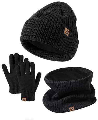 MARUKO Wintermütze Mütze Schal Handschuhe Set für Kinder, Mädchen Jungen Halswärmer Touchscreen Fäustlinge Weiches Fleece Futter Elastisch Sport Outdoor Geschenke für Kinder (Schwarz)