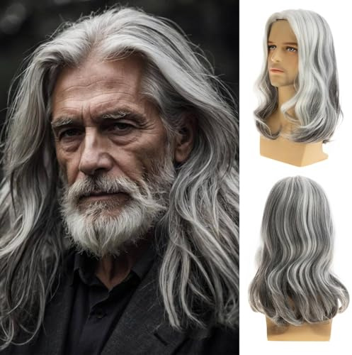 Beweig Lange lockige grau weiße Perücke für Männer synthetische natürliche Party Halloween Cosplay Haar Perücke