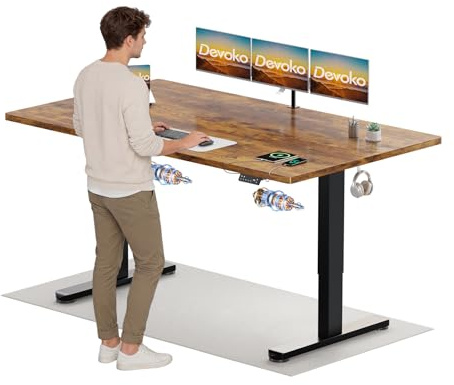 Devoko Höhenverstellbarer Schreibtisch mit 2 Motoren，25mm Einteilige Tischplatte, 180x80 cm Mobiler Elektrisch Computertisch mit Kabel Management, Vintagebraun - Perfekte Ergonomie für Dein Büro