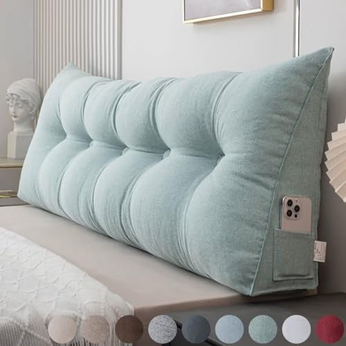 Rückenkissen Bett 180cm Grün, Leinen Rückenlehne Kissen, Keilkissen Bett kopfteil, Waschbar Abnehmbar Lesekissen für Bett und Sofa, Rückenstützkissen Lendenkissen mit Seitentasche