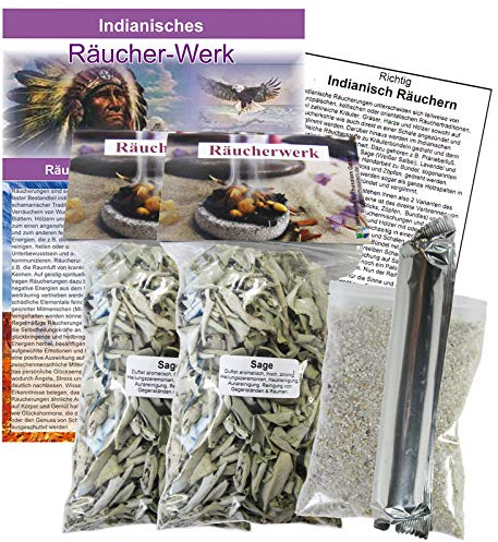 Weißer Salbei zum räuchern 2X 150ml lose Blätter Cluster für Rauhnächte, Hausreinigung. 7-TLG Räucherset mit Räucherwerk, Räucherkohle, Räuchersand, Räucheranleitung, Booklet. 95260-S20