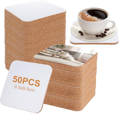 Oungy 50 Pcs Sublimation Coasters Blank, 9.5x9.5cm Square Sublimation Blanks, Cork Blank Coasters Heat Transfer Press Cup Coaster for DIY Crafts