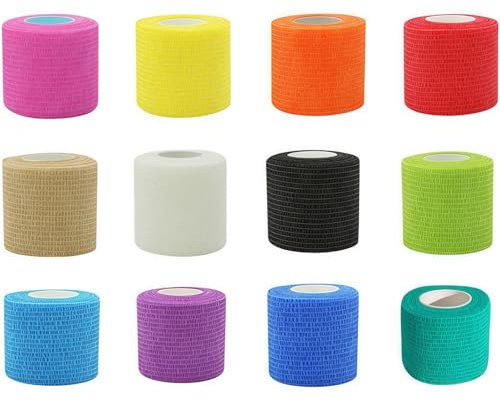 Zhenghebuy Benda Elastica Coesiva,12 Rotoli 5 cm x 4,5 m Fasciature Bende Autoadesive,Benda Elastica Autoadesiva,Bendaggio per Mani,Primo Soccorso,Sport,Pnimali(Multicolore)