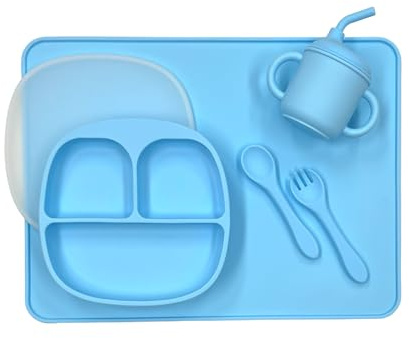 Personaliza tu set de comida de silicona Babyjart con el nombre de tu bebé, libre de BPA, apto para lavavajillas (celeste)