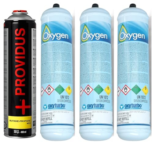 GASFRIGO® - 3 Bombole ossigeno per saldatura da 930 ml 110 bar attacco M12X1RH-IT + 1 Cartuccia per cannello propano/butano 30/70% da 330 gr - per Turbo Set 30