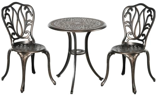 Outsunny Set Gartenmöbel 2-Sitzer 2 Stühle + runder Tisch Retro-Charme Stil Aluguss, Bronze