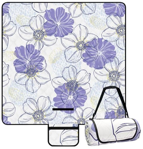 Picknickdecke Wasserdicht Waschbar - 200 x 200cm Picknick Decke, Stranddecke Sandfrei Blaue Weiße Blumen, Faltbare Strandmatte mit Tragegriff und Isoliert Gepolstert für Camping Park Strand Sandfeste