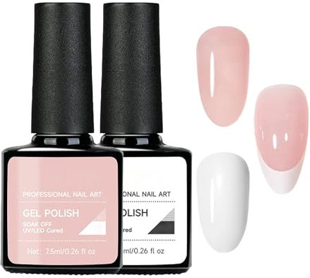2-Piece Gel Nail Polish Set - Nude Pink & White Glossy UV Gel Polish, French Tip Manicure. Long-Lasting, Chip-Resistant Classic Varnishes. DIY Nail Art Gift For Women,One Coat For Vibrant Color Payoff