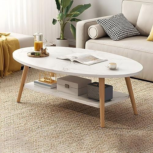 Moderner ovaler Couchtisch mit Holzbeinen und Ablage, gebrochenes Weiß, 99,1 x 50,8 x 43,2 cm (L x B x H)