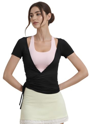 Chemisier enveloppant pour femme - Pour ballet et pilates - Pour sports de base, yoga, course à pied, gym, entraînement, A-D-noir, M