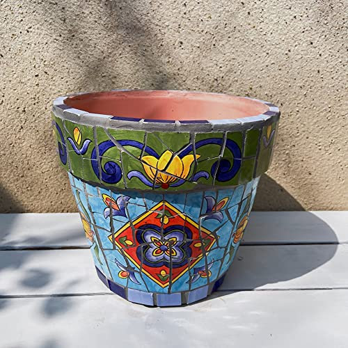Farbiger Blumentopf aus Keramik, glasiert, große Blume mit Untertasse, rund, Terrakotta, handbemalt, Bonsai-Pflanzgefäß, Blumentopf für den Innenhof im Freien, Mosaik