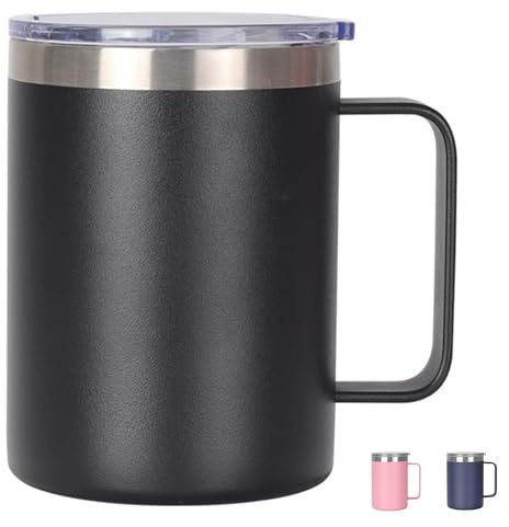 Thermal Mug, Insulated Coffee Mug with Handle and Sliding & Straw Lid, Leakproof Reusable Double Walled Vacuum Stainless Steel Travel Camping Cafe Tumbler Cup,Dishwasher Safe (Black, 16 oz)
