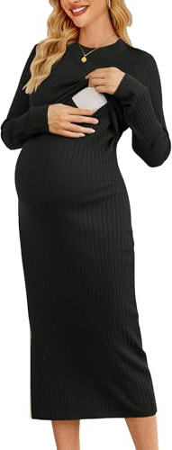 OUGES Women's Wool Blend 2025 Maternity Sweater Nursing Dress Long Sleeve Crew Neck Slim Fit Ribbed Knit Midi Dress(Black,L)