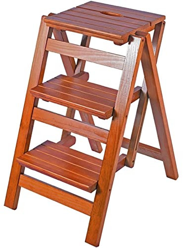Escabeau pliable en bois 2/3 marches antidérapant finition noyer clair design portable et robuste pour un usage domestique idéal pour un accès à trois étages