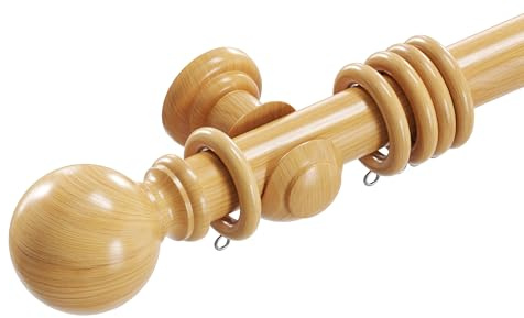 Loch & Skye Wooden Curtain Pole Set Fixed Length Premium Quality Beechwood 28mm Diameter with Finials, Rings & Brackets Wooden Rail Pole for Window & Eyelet Curtains (Natural, 120cm)