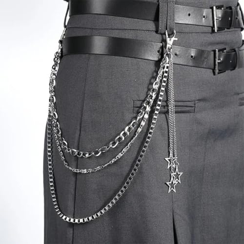 SURALIN Chaîne de pantalon argentée 1 pièce, Chaine Pantalon punk avec Pompon étoile à cinq Branches, Porte-Clés Hip-Hop
