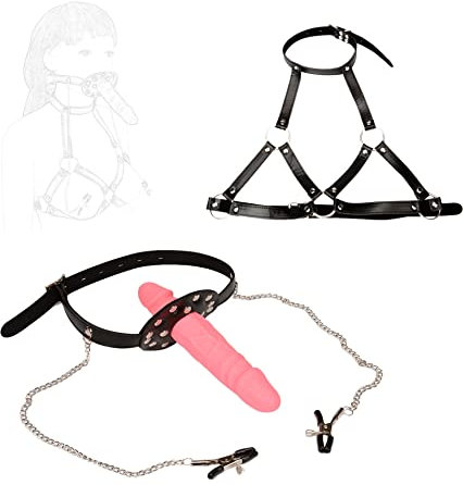 TRQOYTU Bavaglio Per Bocca Con Dildo Bavaglio Per Bocca Con Pene Con Morsetti Per Capezzoli Morsetti Per Capezzoli Cinghia Di Contenimento Per Petto In Pelle Sexy Da Donna, Restrizioni Fetish