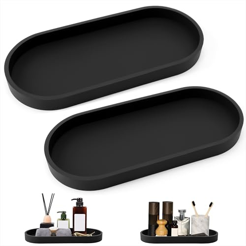 Plateau Salle de Bain Decoratif Ovale Plateau de Rangement en Silicone pour Salon Chambre Lavabo Baignoire Cuisine 2 Pièces Noir