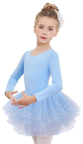 Arshiner Robe de Ballet pour Filles Robe de Danse à Manches Longues Vêtements de Ballet pour Enfants Combinaison en Coton Pailleté Body de Danse avec Tutu Jupe à 4 Couches et Niveaux 140/5-6 Ans