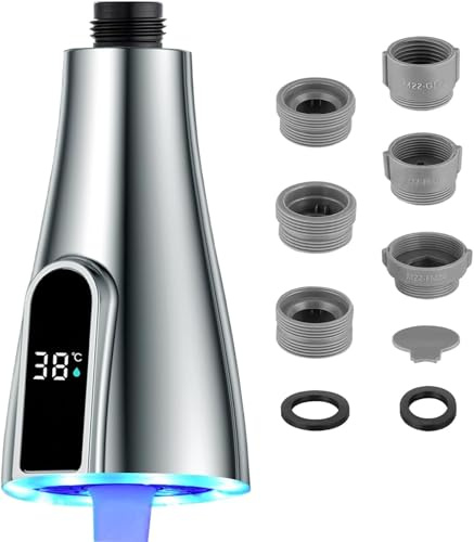 JINYOMFLY Wasserhahn Aufsatz LED, Aufsatz für Wasserhahn Küche mit LED, 2 Farben ändern sich mit der Temperatur, Schwenkbar Brausekopf Küchenarmatur mit Licht, M22/M24